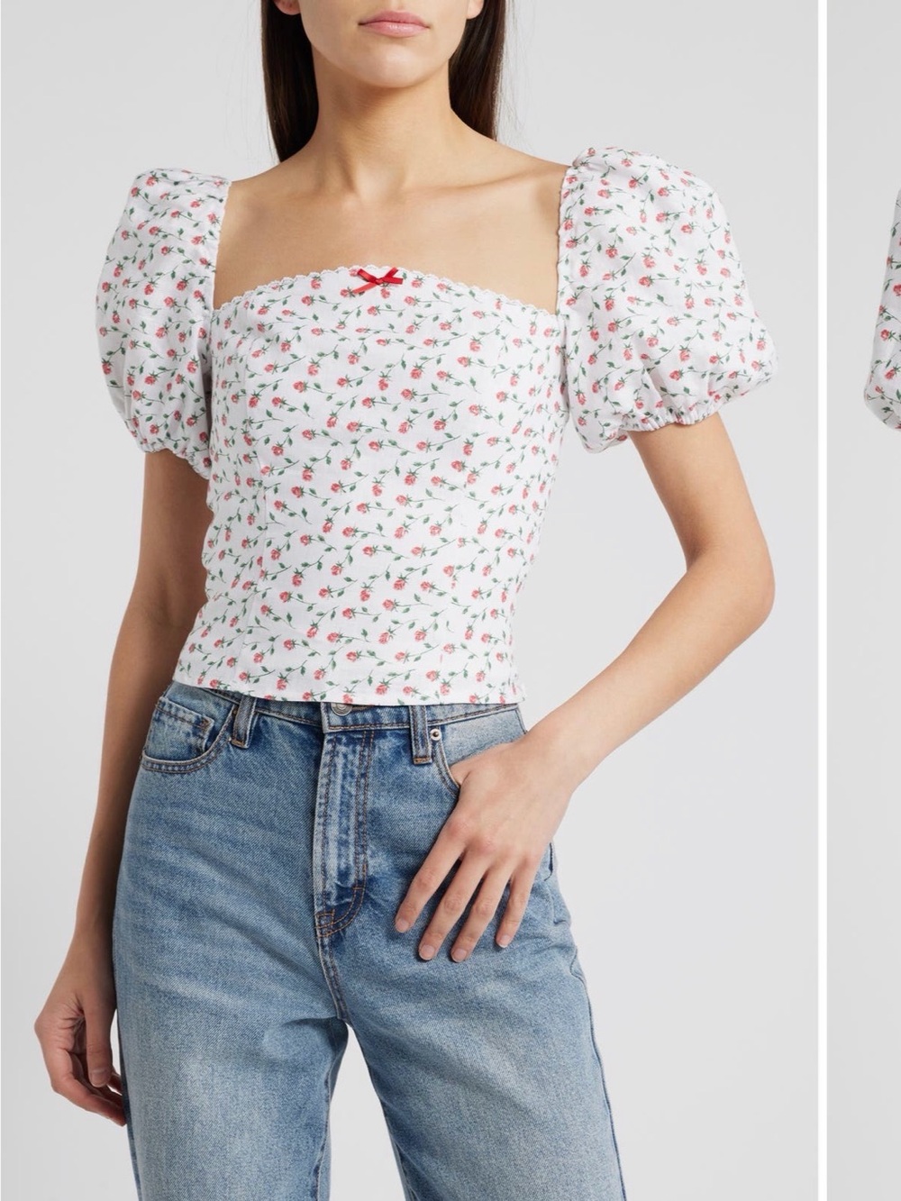 Reformation Marella Linen Puff Sleeve White Rose Print Top